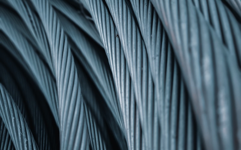 Close view of coiled steel wire rope strands