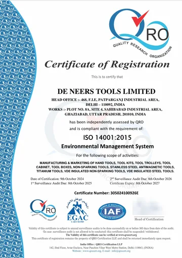 Certificate of Registration, ISO 14001:2015 (Environmental Management System), De Neers Tools Limited, head office 468 F.I.E., Patparganj Industrial Area, Delhi 110092; works Plot 8A, Site 4, Sahibabad Industrial Area, Ghaziabad, Uttar Pradesh 201010, India