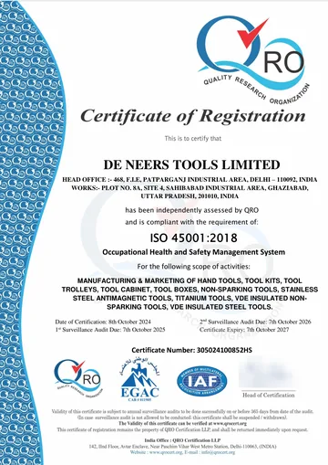 Certificate of Registration, ISO 45001:2018 (Occupational Health and Safety Management System), De Neers Tools Limited, head office 468 F.I.E., Patparganj Industrial Area, Delhi 110092; works Plot 8A, Site 4, Sahibabad Industrial Area, Ghaziabad, Uttar Pradesh 201010, India