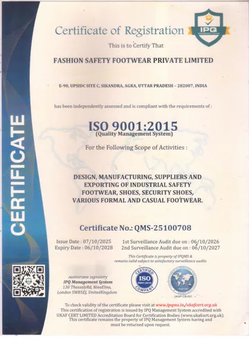 Certificate of Registration, ISO 9001:2015 (Quality Management System), Fashion Safety Footwear Private Limited, E-90, UPSIDC Site C, Sikandra, Agra, Uttar Pradesh 282007, India