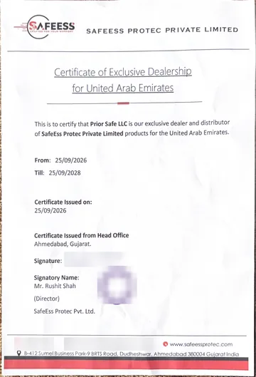 Certificate of Exclusive Dealership for United Arab Emirates, Prior Safe LLC