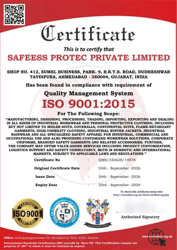Certificate, ISO 9001:2015 Quality Management System, SafeEss Protec Private Limited, Shop No. 412, Sumel Business Park-9, B.R.T.S. Road, Dudheshwar, Tavdipura, Ahmedabad 380004, Gujarat, India